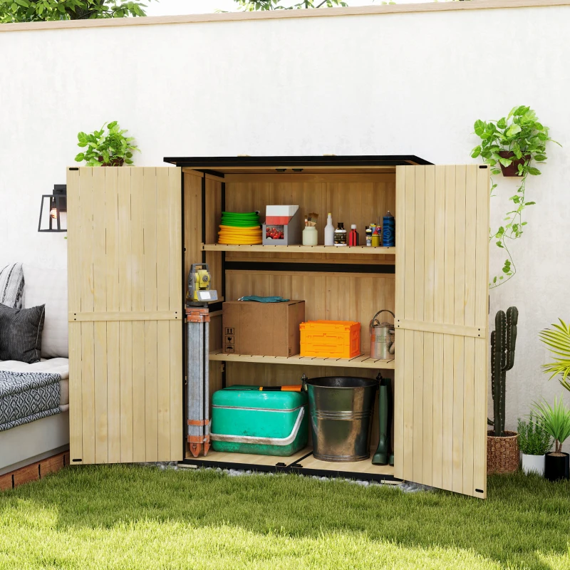 Outsunny Houten en Stalen Tuinkast, Buiten Gereedschapskast met Asfaltdak, 2 Planken, Afsluitbare Deuren, Natuurhout(m-10)