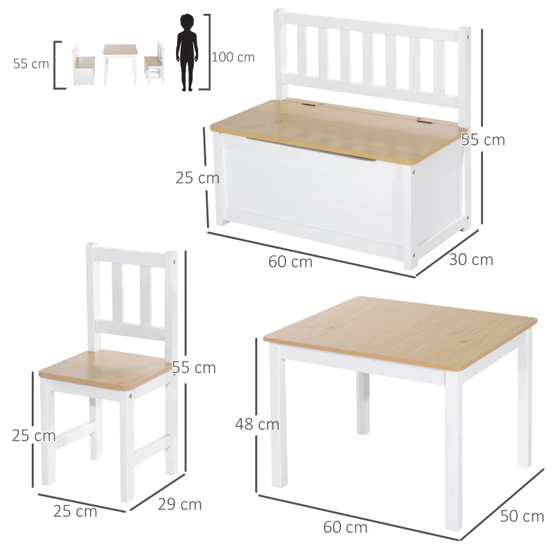 HOMCOM Ensemble de table et chaises enfant - set de 4 pièces - table, 2 chaises, banc coffre 2 en 1 - MDF pin blanc bois clair