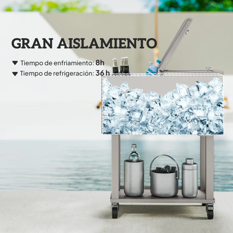 Outsunny Carro Nevera con Ruedas Abrebotellas y Estante 56L para Patio Fiesta Terraza 67x35x80 cm Gris Claro