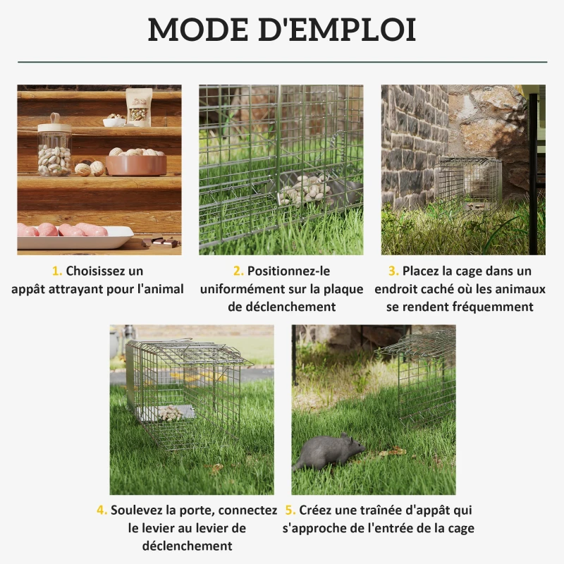 Outsunny Piège cage de capture pliante pour petits animaux type rat et souris - 2 portes poignée 66 x 24 x 30,5 cm acier gris
