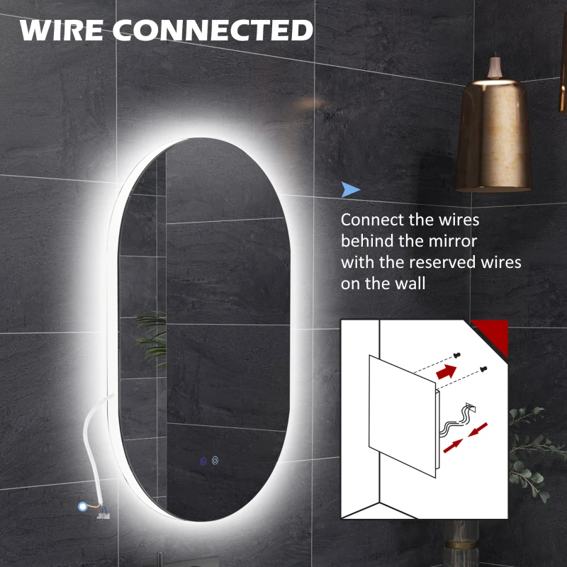 kleankin Oglindă de Perete cu Lumină LED în 3 Culori și Funcție Anti-Aburire, 81x51x4.5 cm, Transparent