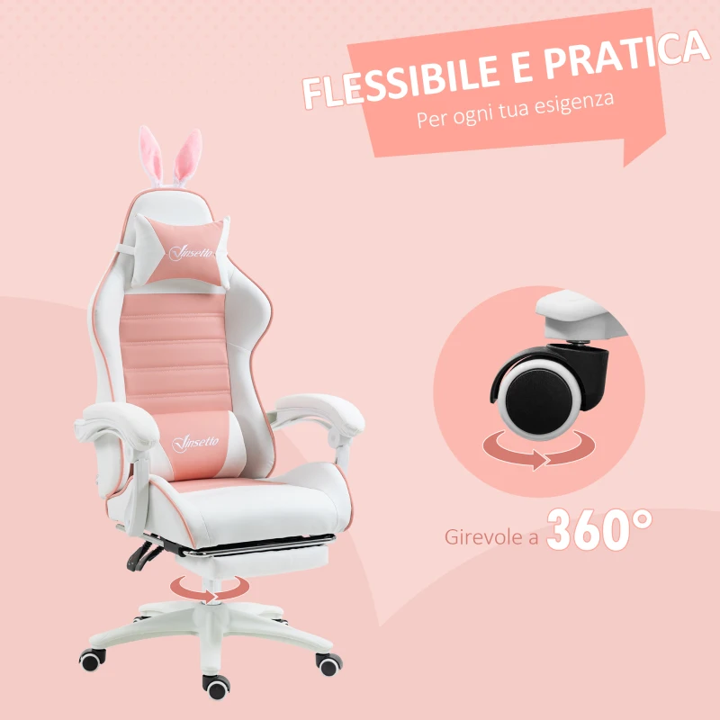 Vinsetto Sedia Gaming Ergonomica con Orecchie, Poggiapiedi Estraibile, Cuscino Lombare e Poggiatesta, Rosa