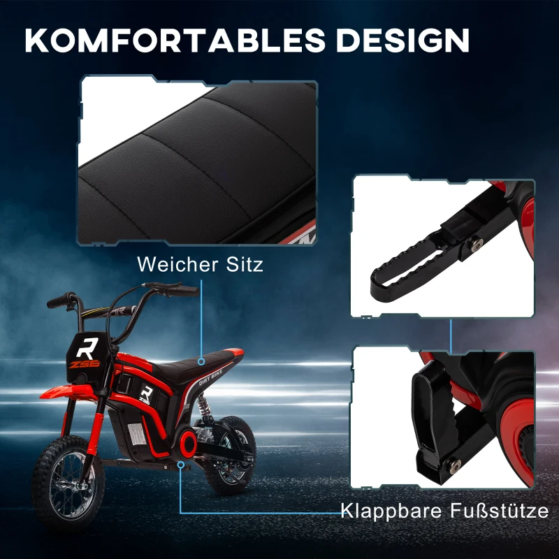 HOMCOM Elektro-Motorrad für Kinder, 24V Kindermotorrad mit Hupe, Leuchte, mit Drehgriff-Gashebel, 8-16 km/h, 8-12 Jahre, Rot(m-9)
