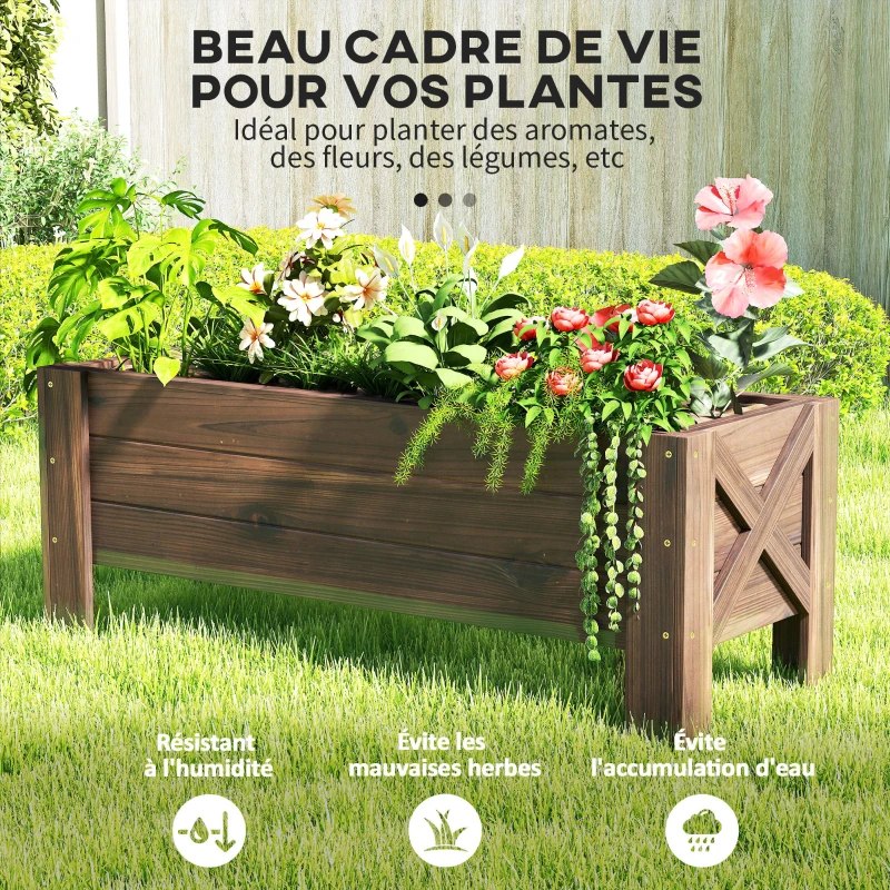 Outsunny Jardinière sur Pieds bac à Fleurs dim. 100L x 36l x 36H cm Inserts d'irrigation Inclus Bois Massif Sapin traité