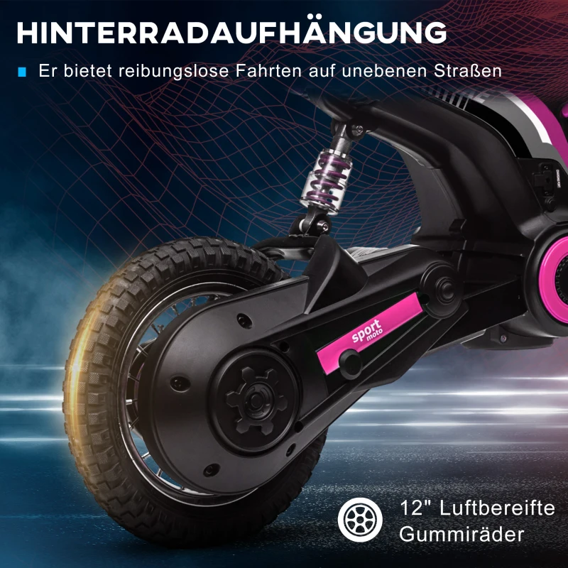 HOMCOM Kinderelektrische Motor, 24V Motorfiets met Claxon en Verlichting, Draaigashefboom, 8-16 km/u, 8-12 Jaar, Roze(m-8)