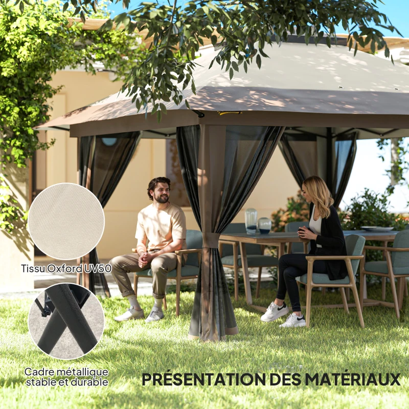 Outsunny Tonnelle barnum de jardin pop-up pliant double toit protection UV 50+ avec 4 moustiquaires zippées 4 x 4 m beige