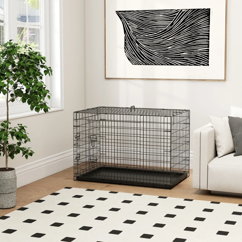PawHut Jaula para Perros Plegable Transportín para Perros con 2 Puertas Bandeja Extraíble Asa de Transporte 92x57x62,5 cm Negro