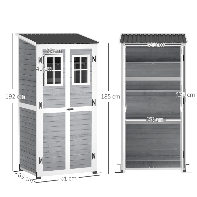 Outsunny Casetta da Giardino in Legno con Ripiani Regolabili, Due Porte con Blocco e Finestre, Grigio(m-3)