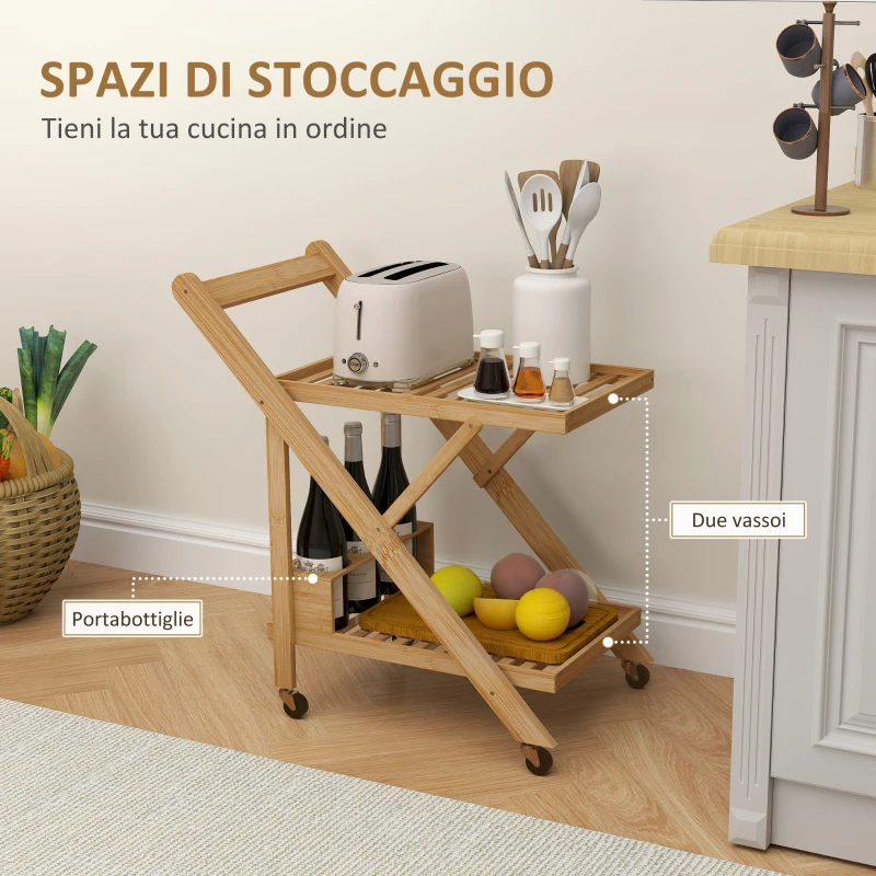 HOMCOM Carrello da Cucina Portavivande Pieghevole a 2 Livelli con Portabottiglie in Legno di Bambù