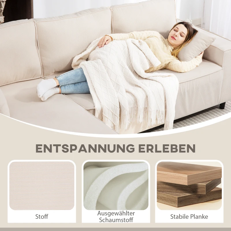 HOMCOM 3-Zitsbank met Chaise Longue, Woonkamerbank met Corduroy Bekleding, 2 Extra Kussens, Gestoffeerde Bank, Crèmewit(m-5)