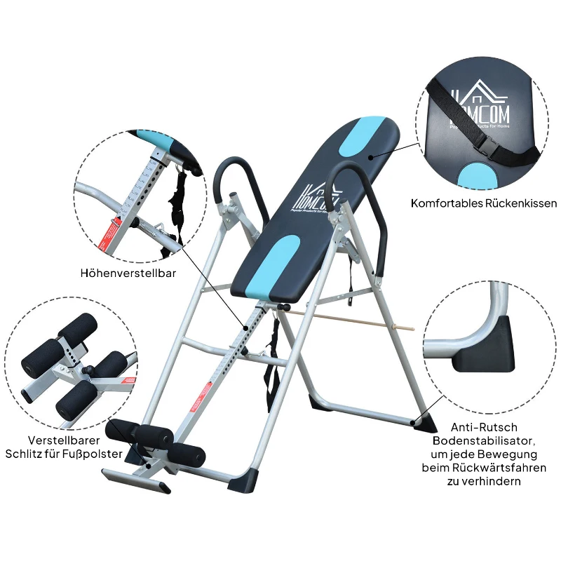 HOMCOM Opvouwbare Inversiebank Zwaartekrachttrainer met Veiligheidsgordel Verstelbare Inversiehoek tot 136kg Staal Zilver+Zwart+Blauw
