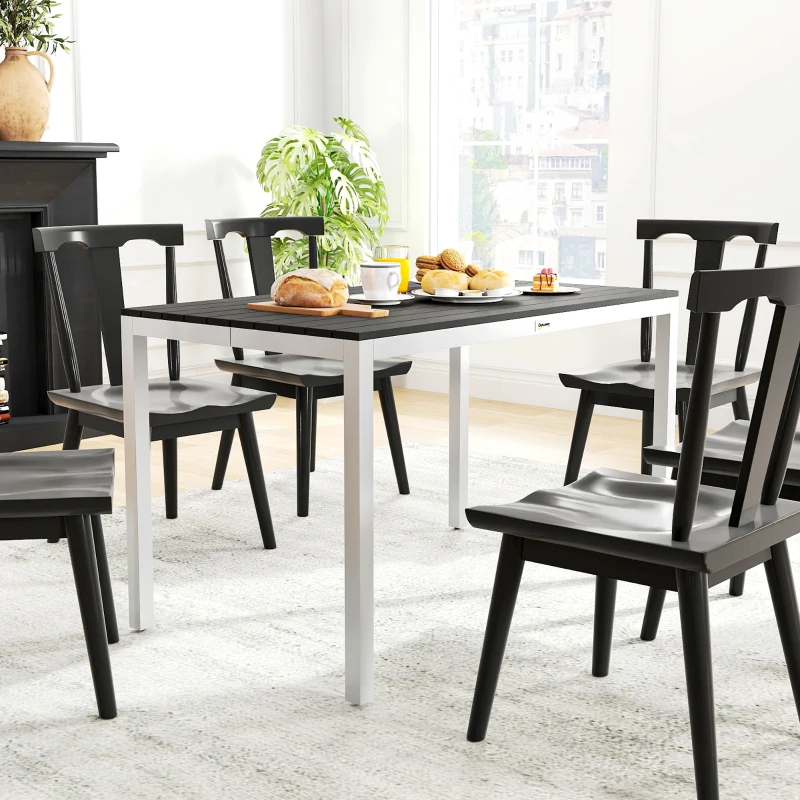 Outsunny Mesa de Refeição para Jardim Retangular com Estrutura de Alumínio Imitação Madeira e Bancada em Ripas 120x90x72 cm Preto