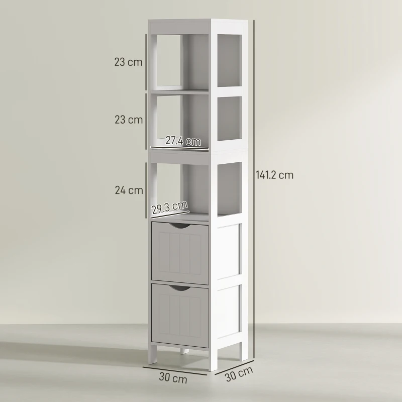 HOMCOM Mobilier de Baie cu 3 Rafturi Deschise și 2 Sertare, 30x30x141.2 cm, Alb