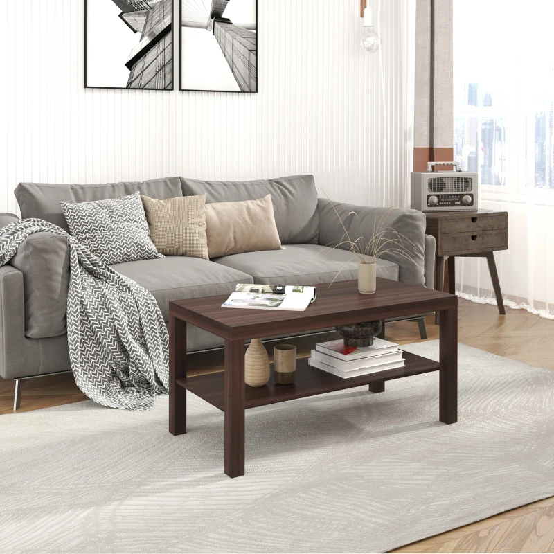 HOMCOM Mesa de Centro Mesa Auxiliar de 2 Níveis para Sala de Estar Escritório 90x45x45,5cm  Nogueira
