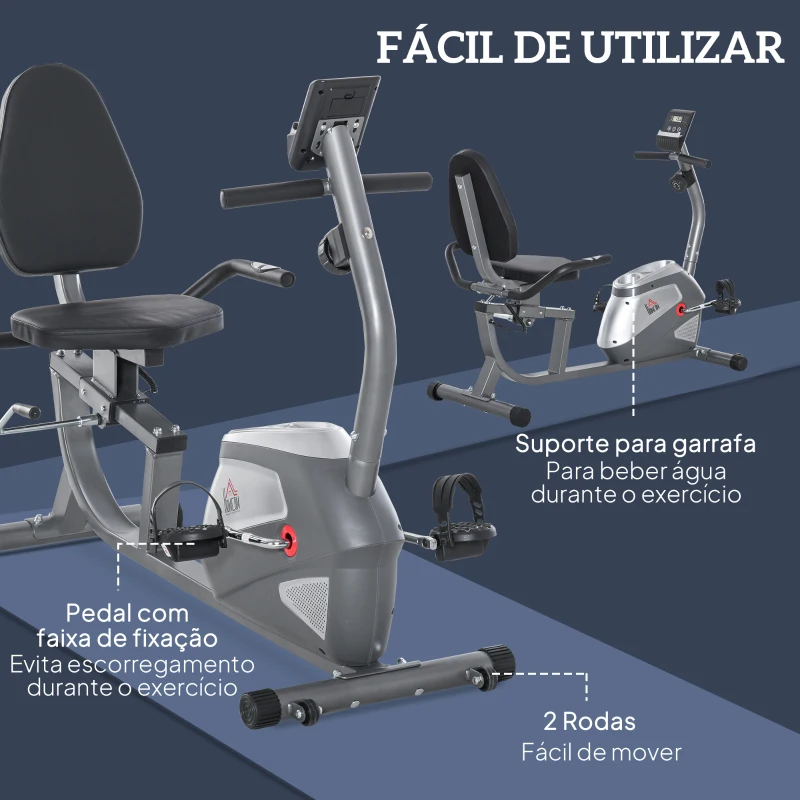 HOMCOM Bicicleta ergométrica reclinável com tela LCD e volante de 3 kg resistência magnética de 8 níveis assento ajustável 121,5-136x62,5x98 cm Cinza