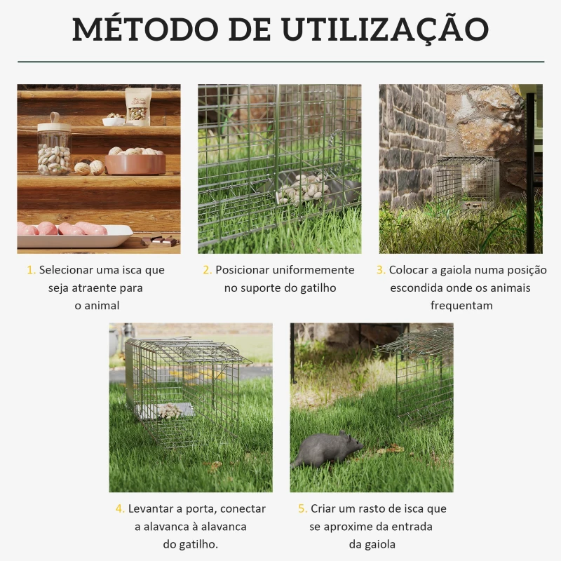 Outsunny Armadilha para Animais Vivos Dobrável 66x24x30,5 cm Gaiola de Captura com Porta e Alça para Coelhos Roedores Prata