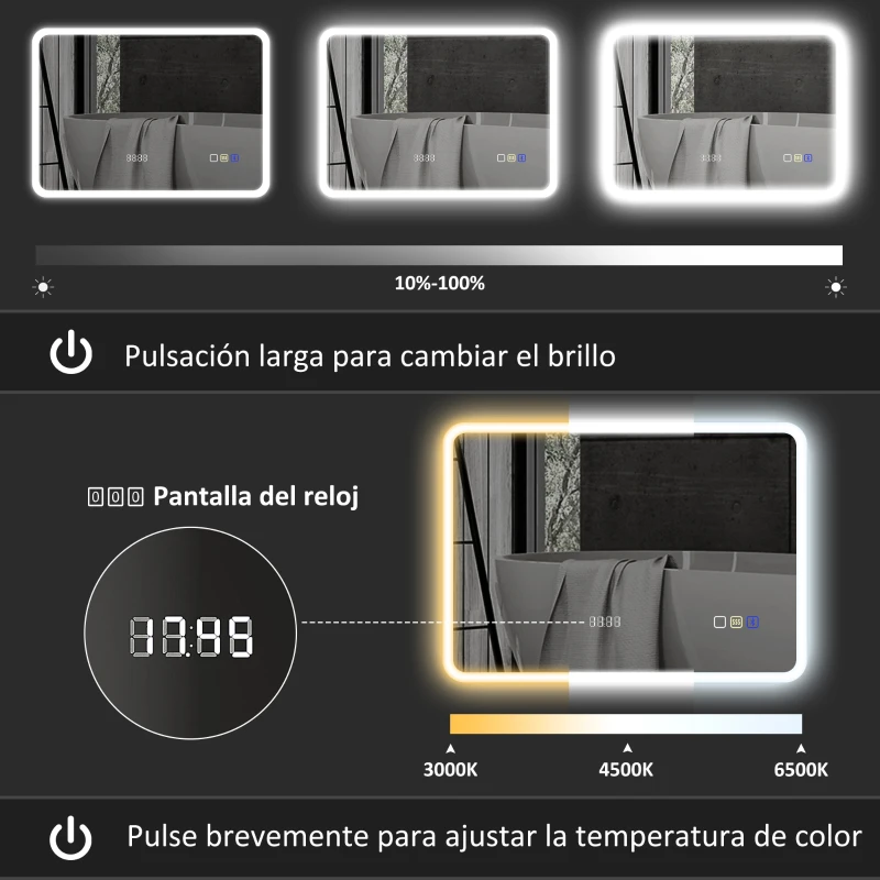 HOMCOM Espejo de Baño con Luz LED 70x50 cm con Bluetooth 3 Colores de Luz Reloj Digital Función Antivaho Función de Memoria