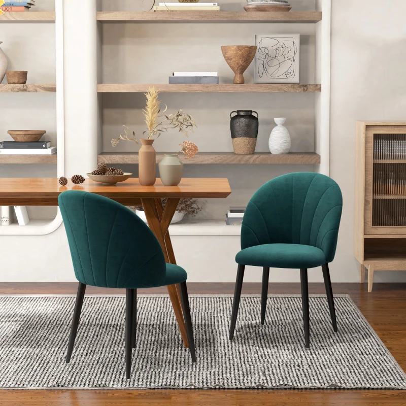 HOMCOM Set di 2 Sedie Sala da Pranzo, Sedie Cucina Moderne con Schienale a Conchiglia e Gambe in Metallo, Sedia in Velluto con Imbottita per Cucina, Camera da Letto, Ufficio e Soggiorno, Verde