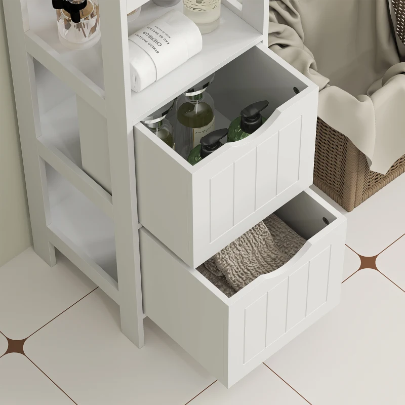 HOMCOM Mobilier de Baie cu 3 Rafturi Deschise și 2 Sertare, 30x30x141.2 cm, Alb