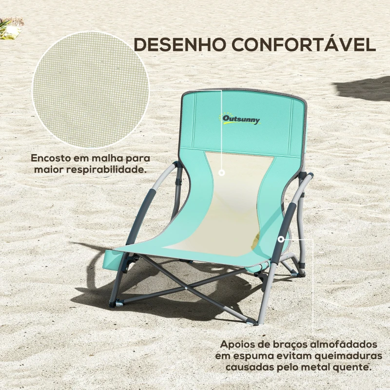 Outsunny Conjunto de 2 Cadeiras de Praia Dobráveis Cadeiras de Campismo Portáteis com Bolsa de Transporte 58x55x62 cm Azul Claro