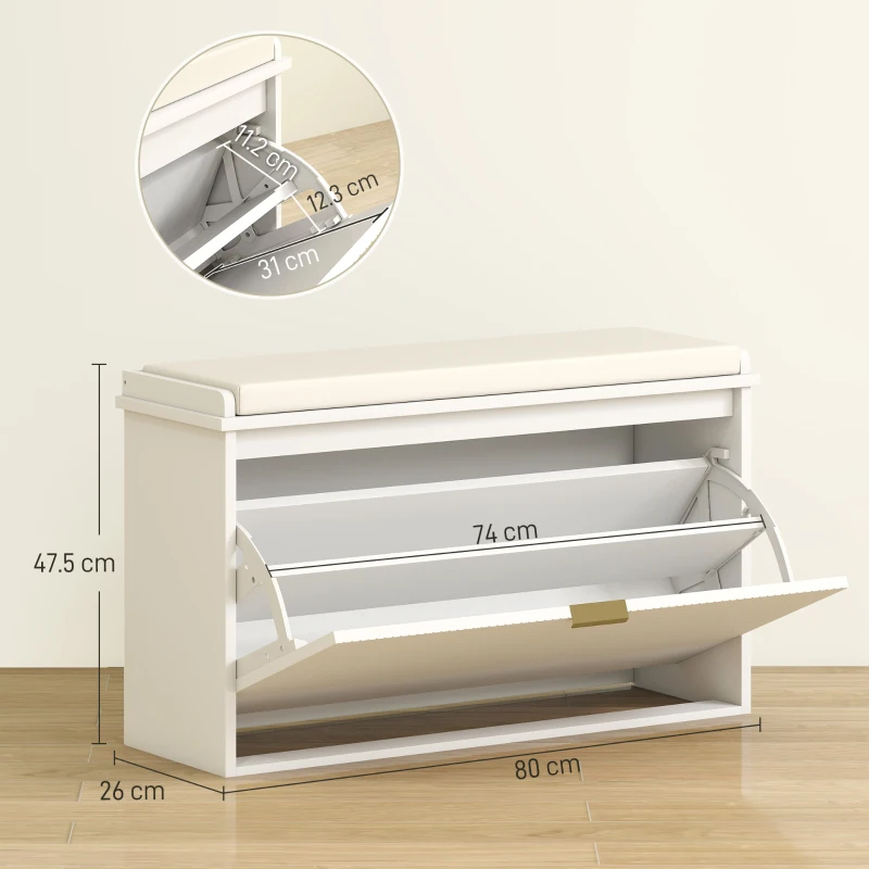 HOMCOM Bancă pentru Pantofi cu Raft Interior Reglabil și Detașabil, 80x26x47.5 cm, Alb și Bej(m-3)