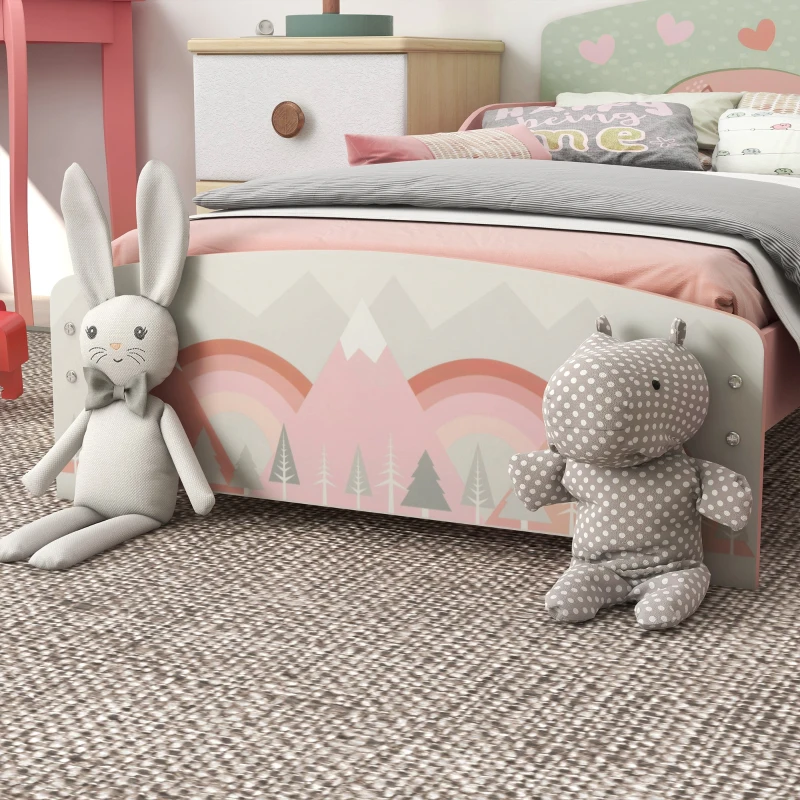 ZONEKIZ Pat pentru Copii 3-6 Ani cu Margini Înălțate și Model cu Animale, 77x143x60 cm, Roz