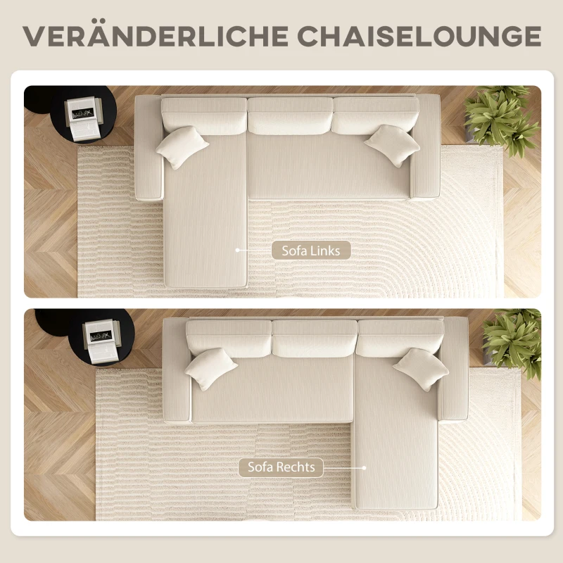 HOMCOM 3-Zitsbank met Chaise Longue, Woonkamerbank met Corduroy Bekleding, 2 Extra Kussens, Gestoffeerde Bank, Crèmewit(m-4)