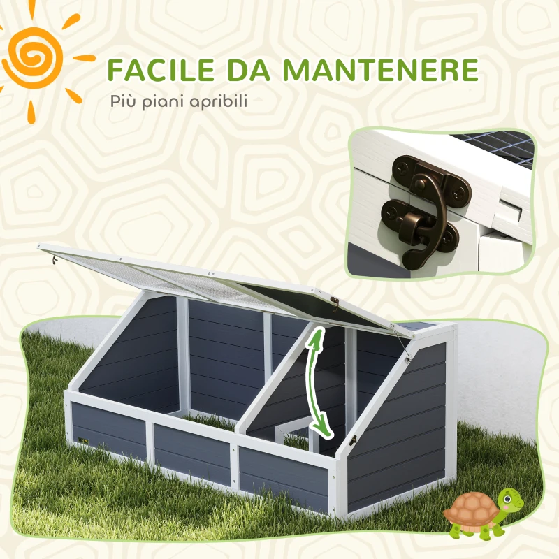 PawHut Casetta per Tartarughe di Terra senza Fondo, in Legno di Abete e Acciaio Zincato, 120x55x50A cm, Grigio e Bianco