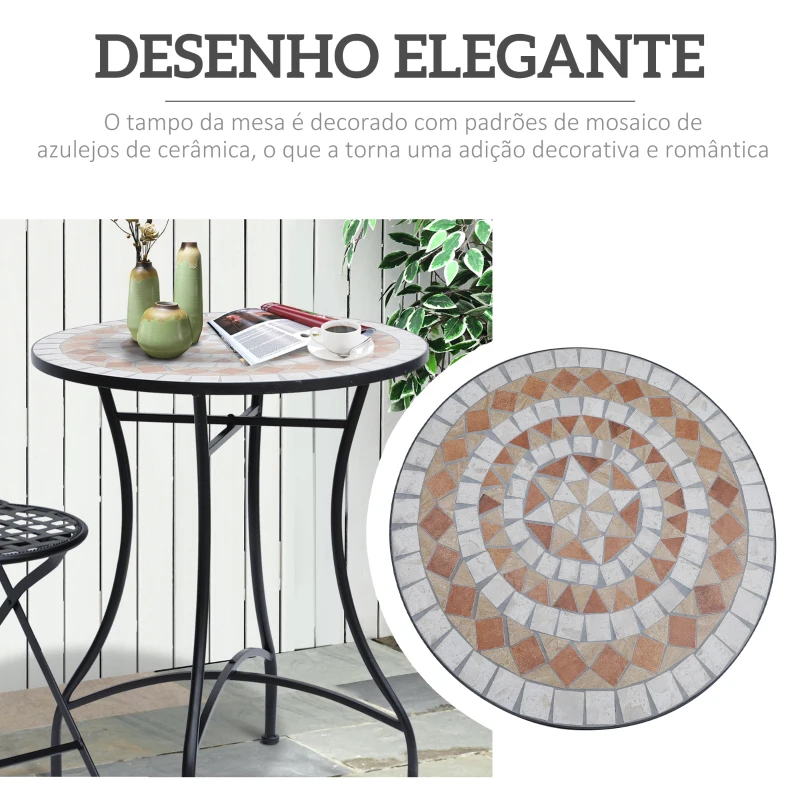 Outsunny Mesa de Jardim Mesa Mosaico Cerâmica e Redonda Mesita de Café para Varanda Terraço Φ60x71cm