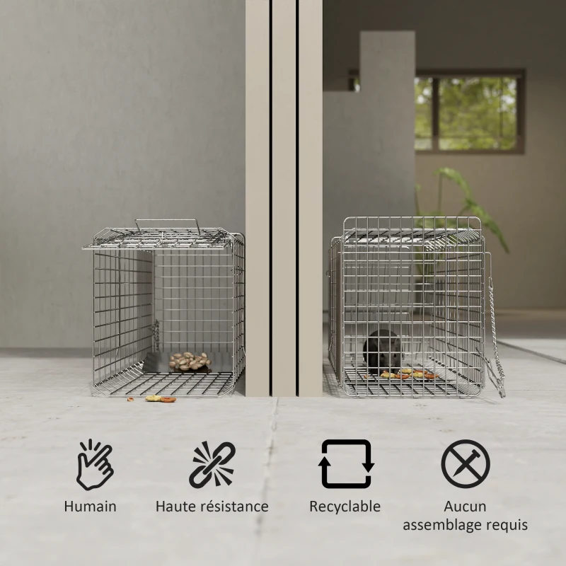 Outsunny Piège cage de capture pliante pour petits animaux type rat et souris - 2 portes poignée 66 x 24 x 30,5 cm acier gris