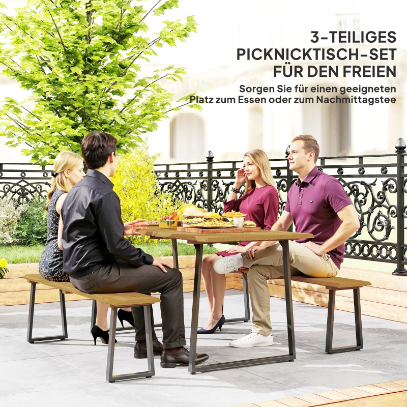 Outsunny Sitzgruppe 3-teilig Holz Essgruppe für 6 Personen Esstisch mit 2 Bänke Schirmloch Holztisch 178 x 76 x 77 cm Naturholz