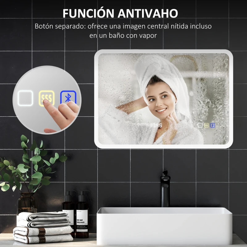 HOMCOM Espejo de Baño con Luz LED 70x50 cm con Bluetooth 3 Colores de Luz Reloj Digital Función Antivaho Función de Memoria