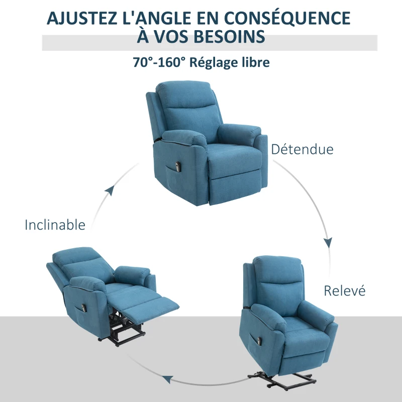 HOMCOM Fauteuil électrique releveur fauteuil relax avec repose-pieds dossier inclinable télécommande poche latérale bleu(m-4)