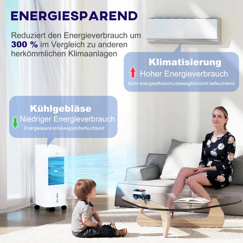 HOMCOM Klimaanlage, Ventilator mit 3 Funktionen und Modi, Fernbedienung, Timer, Weiß