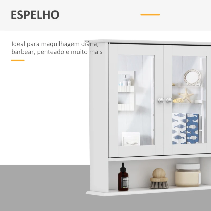 kleankin Armário de banheiro com parede de espelho com 2 portas 3 níveis de armazenamento de parede Cor Branco 56x13x58cm