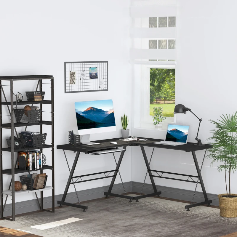 HOMCOM Secretária para Escritório Mesa de Computador 2 em 1 Secretária em Forma de L 130x130x73,5cm e Secretária Reta 210x50x73,5cm Preto