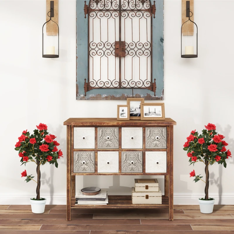 Outsunny Set of 2 Artificial Plants White Rose Floral in Pot, Fake Plants for Home Indoor Decor, 90cm, Red