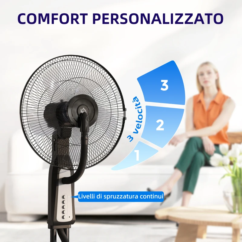 HOMCOM Ventilatore Nebulizzatore a 3 Velocità, Oscillazione 75° e Nebulizzazione Regolabile, Nero