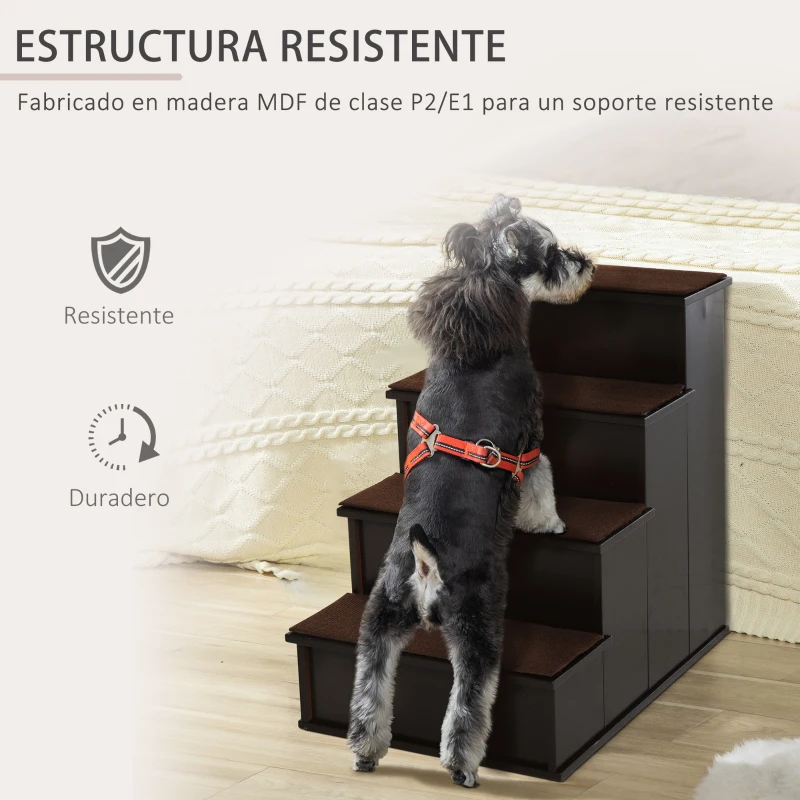 PawHut Escalera para Mascotas Escalones para Perros Gatos con Acolchados Desmontables Carga 30 kg 40x59x54,2 cm Marrón Oscuro