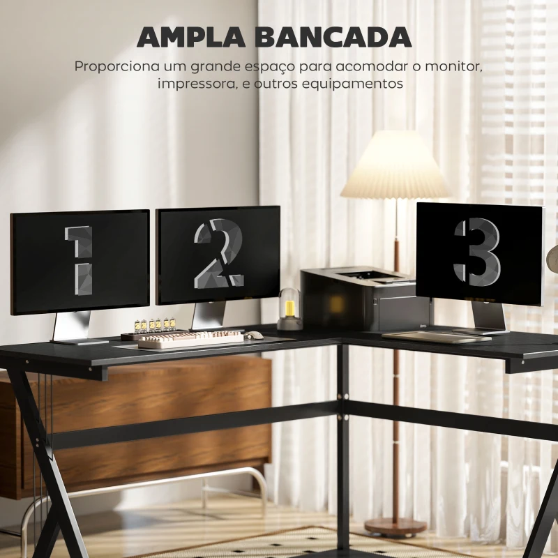 HOMCOM Secretária para PC Computador Secretária de canto angular para escritório 155x130x76cm Madeira preta