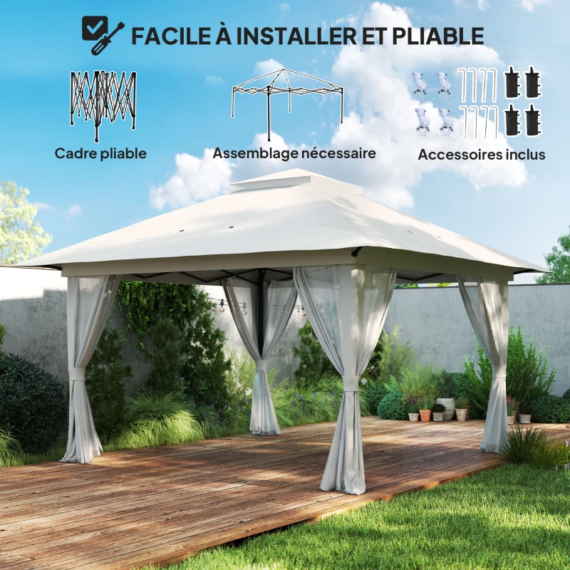 Outsunny Tonnelle barnum de jardin pop-up pliant double toit protection UV 50+ avec 4 moustiquaires zippées 4 x 4 m Blanc