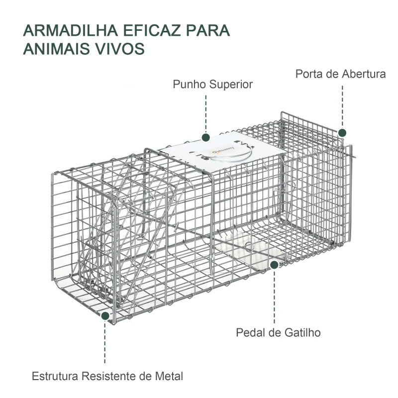 Outsunny Armadilha para Animais Vivos Dobrável 66x24x30,5 cm Gaiola de Captura com Porta e Alça para Coelhos Roedores Prata