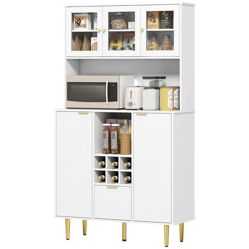 HOMCOM Alacena de Cocina Moderna con Armarios Cajón Botellero y Puertas de Vidrio y Estantes Ajustables 100x40x180 cm Blanco