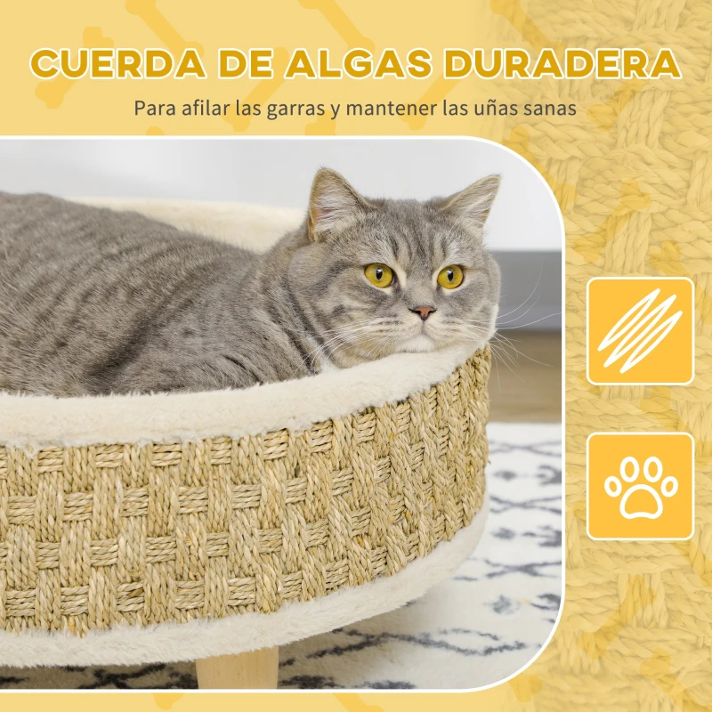 PawHut Cama para Perros Miniaturas con Cojín Lavable Cuerda de Seagrass y Marco de Madera Ø48x24,5 cm Beige