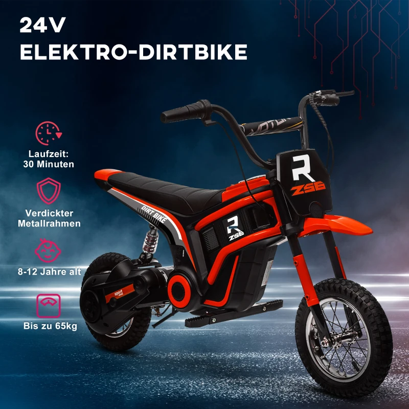 HOMCOM Elektro-Motorrad für Kinder, 24V Kindermotorrad mit Hupe, Leuchte, mit Drehgriff-Gashebel, 8-16 km/h, 8-12 Jahre, Rot(m-6)
