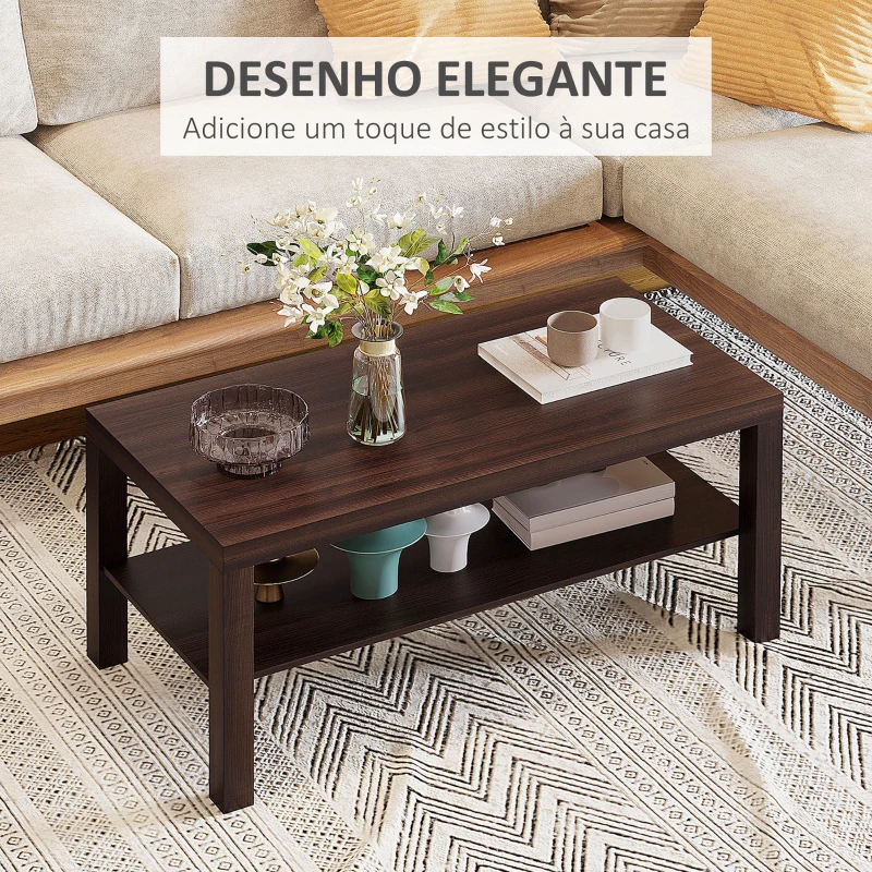 HOMCOM Mesa de Centro Mesa Auxiliar de 2 Níveis para Sala de Estar Escritório 90x45x45,5cm  Nogueira