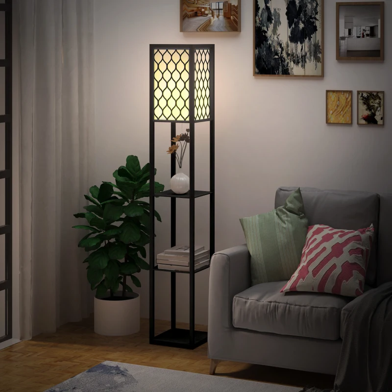 HOMCOM Lampadaire étagère Lampe étagère 26L x 26l x 160H cm 4 Niveaux MDF Noir Motif nid d'abeille