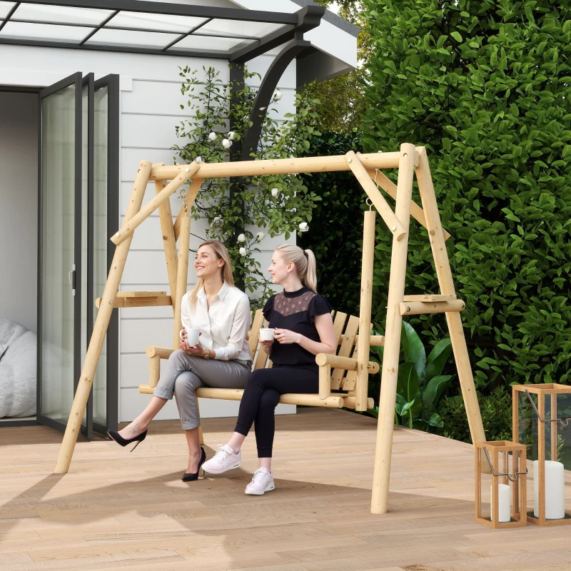 Outsunny Banco Columpio de Jardín de Madera de 2 Plazas con Bandejas Laterales Reposabrazos y Estructura en A Natural