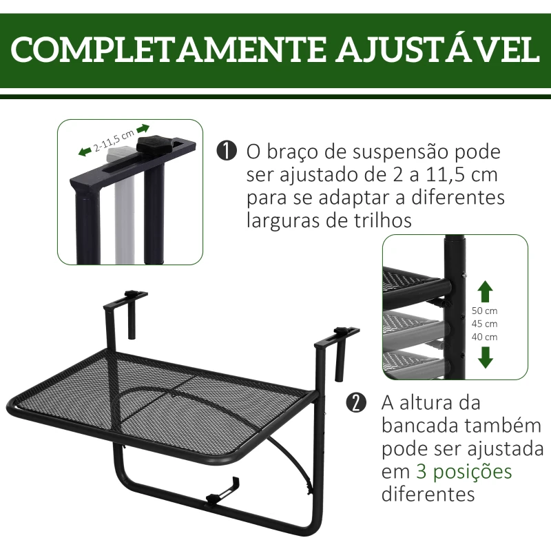 Outsunny Mesa Suspensa para Varanda com Braço Regulável e Altura Ajustável em 3 Posições Estrutura de Metal 60x56,5x45 cm Preto