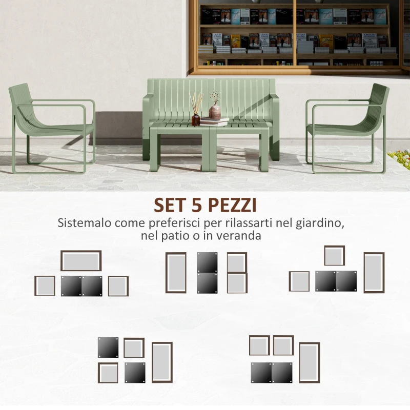 Outsunny Set da Giardino 5 Pezzi a Doghe con Divanetto, 2 Poltroncine e 2 Tavolini in Polipropilene Verde